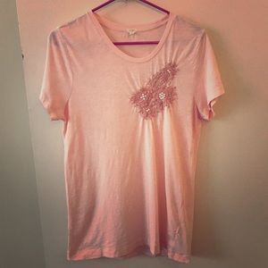 ⬇️J.Crew Pink Tee with Silk Floral Detail